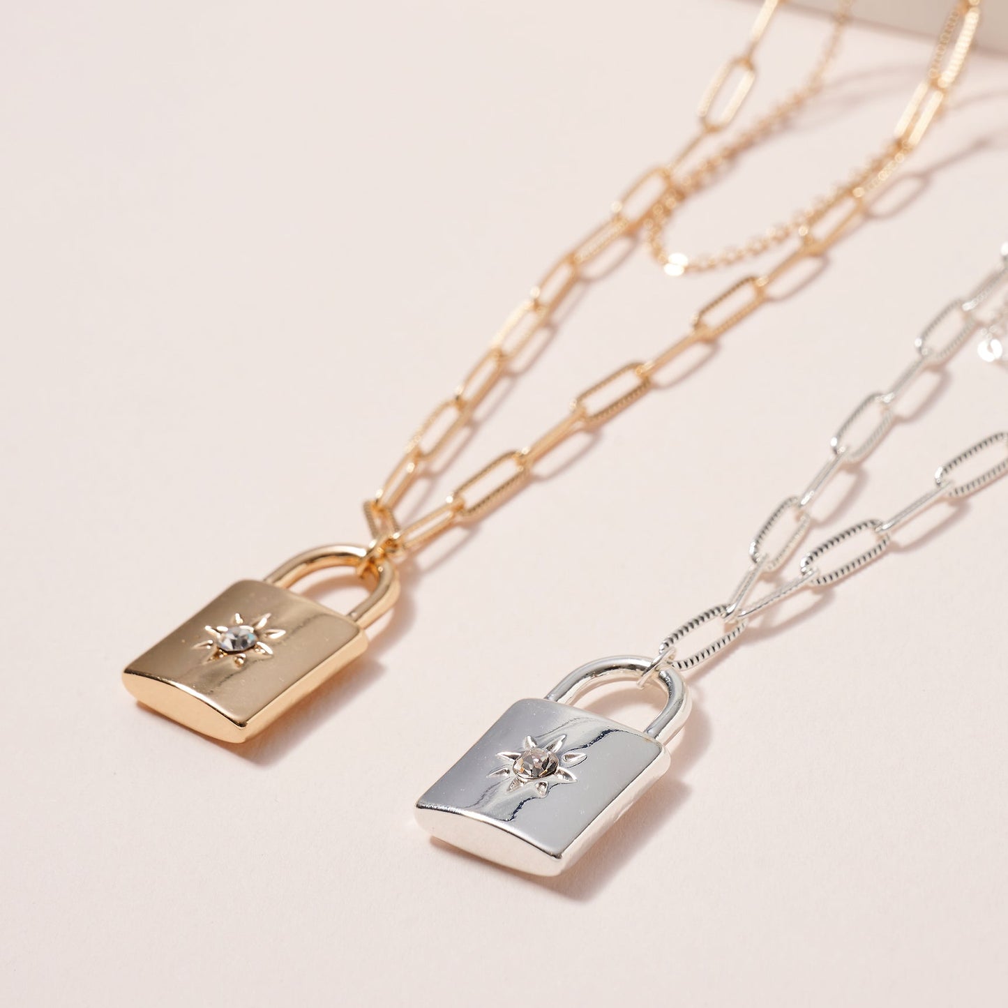 CN-2327 Lock Charm Chain Linked Layered Necklace