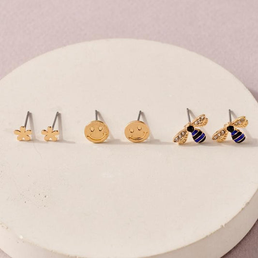 3 Pairs Stud Earrings Bee/Smile/Flower in a card