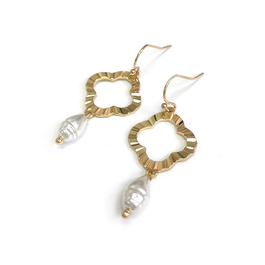 CE-4175 Dia Cut Clover Pearl Dangling Earrings
