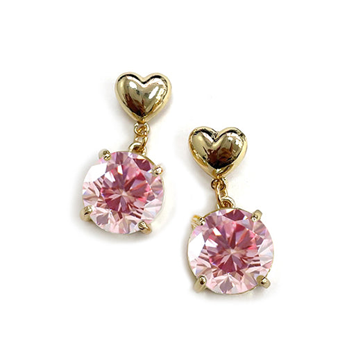 TE-0007 Heart Top w/Round Glass Stone Dangle Earring