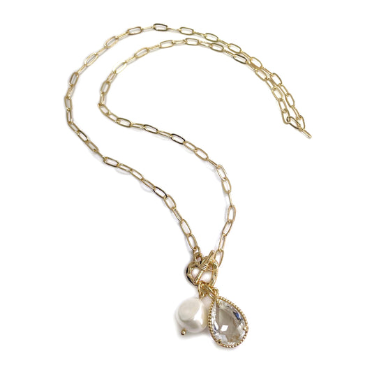 TN-0008 Pearl & Teardrop Stone Pendant Necklace