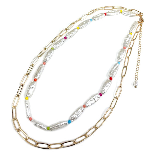 TN-0009 Pearl & Chain Mixed Layered Necklace